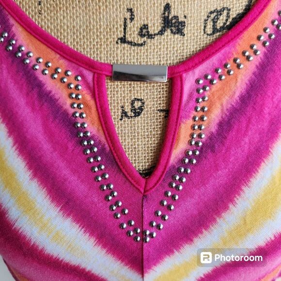 Catherine's Maxi Dress Wmns SZ 1X Rainbow Keyhole Neck Hankerchief Hem Bold - Picture 4 of 5